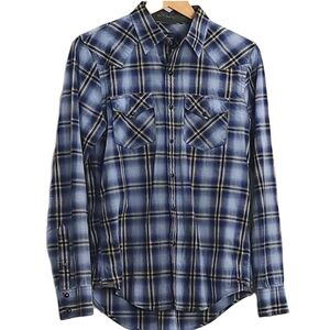 Mens AE Slim Fit Western Blue-Grey Plaid Snap Closure Sz SM 100% Cotton Shirt